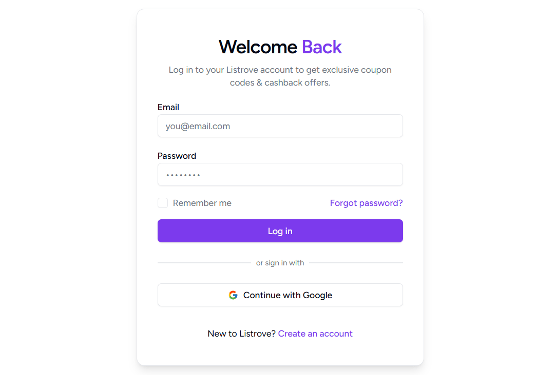 Registration form with email, password fields and social login options