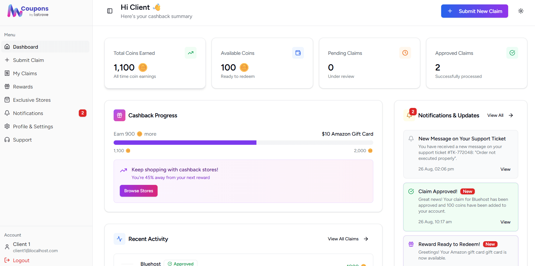 User dashboard showing coin balance, recent transactions, and navigation menu