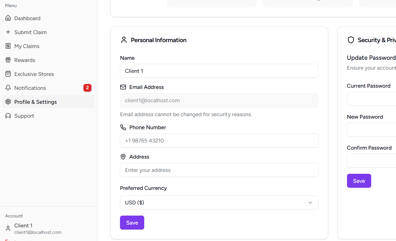 Profile settings page with required fields highlighted