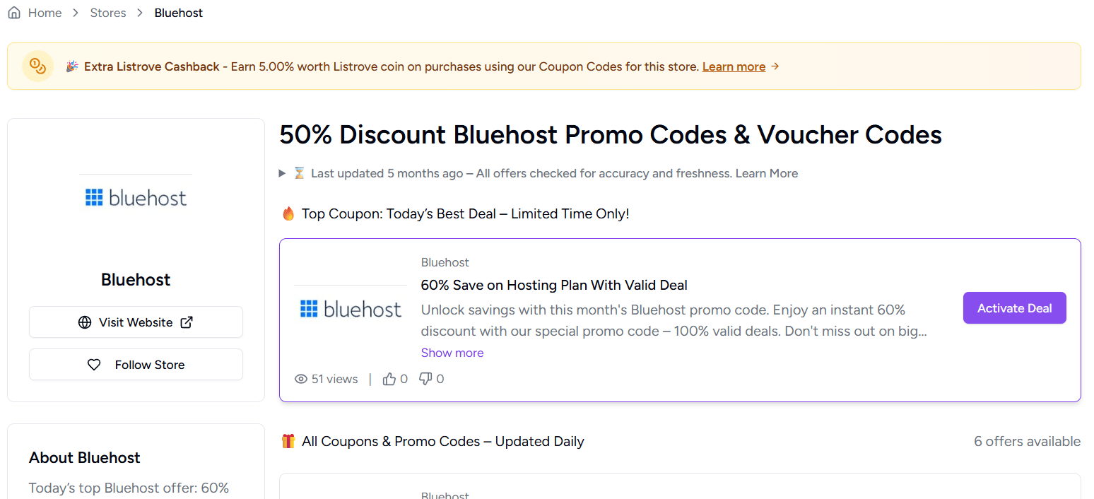 Store listing page with cashback badges, coupon card, and redirect notification