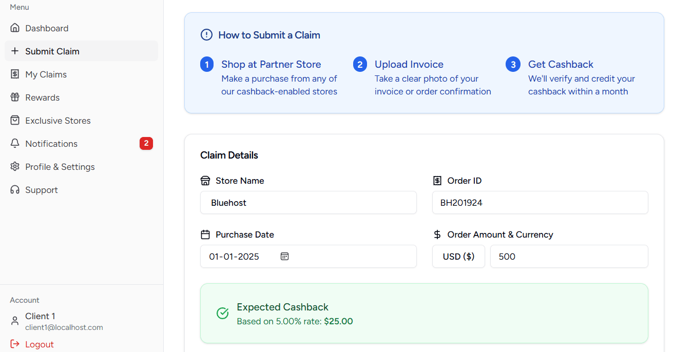 Claim submission form with file upload and manual entry options