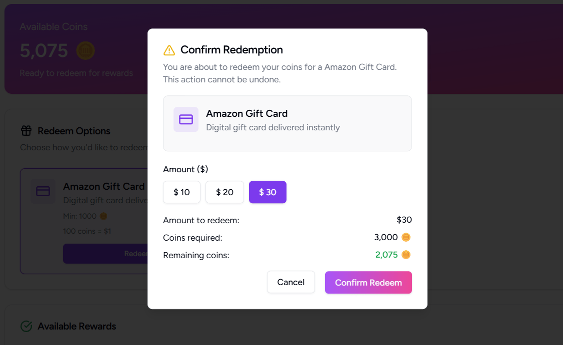 Notification showing coins credited to account with transaction details