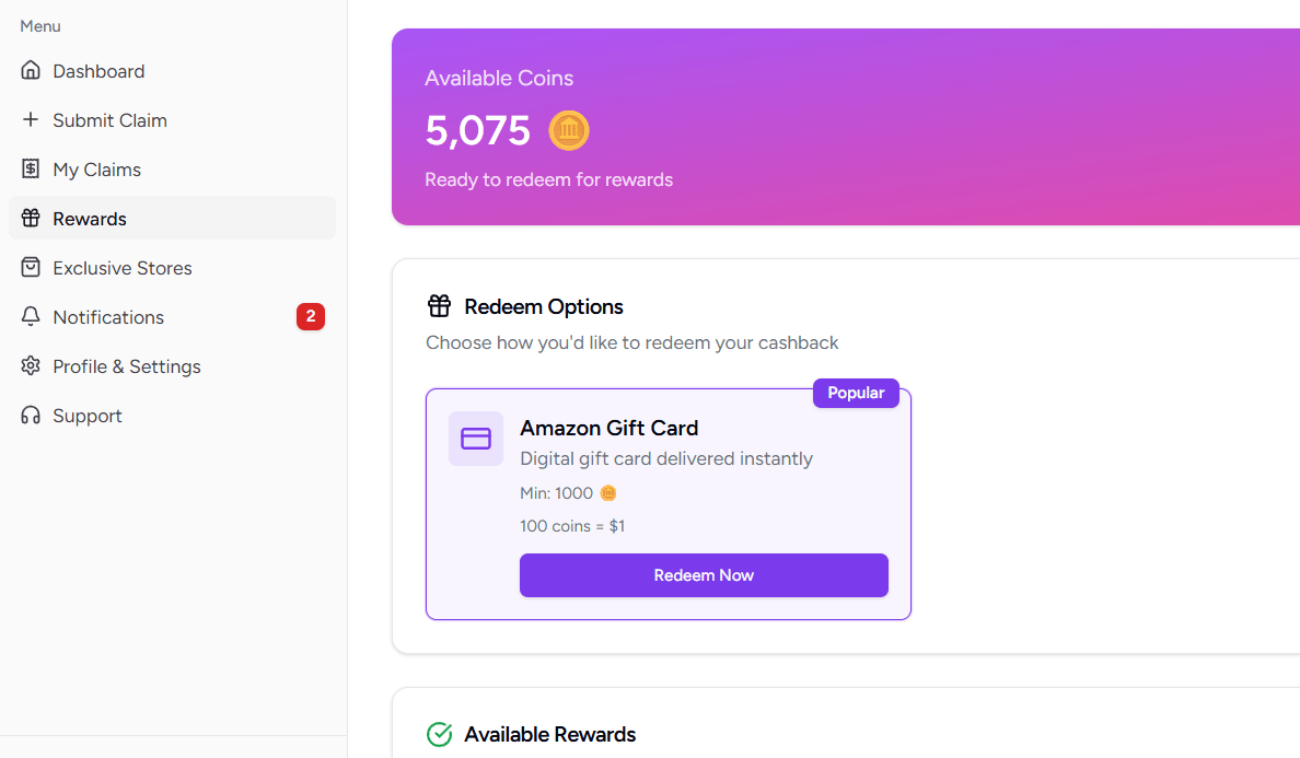 Redemption page showing available gift card options and conversion rates