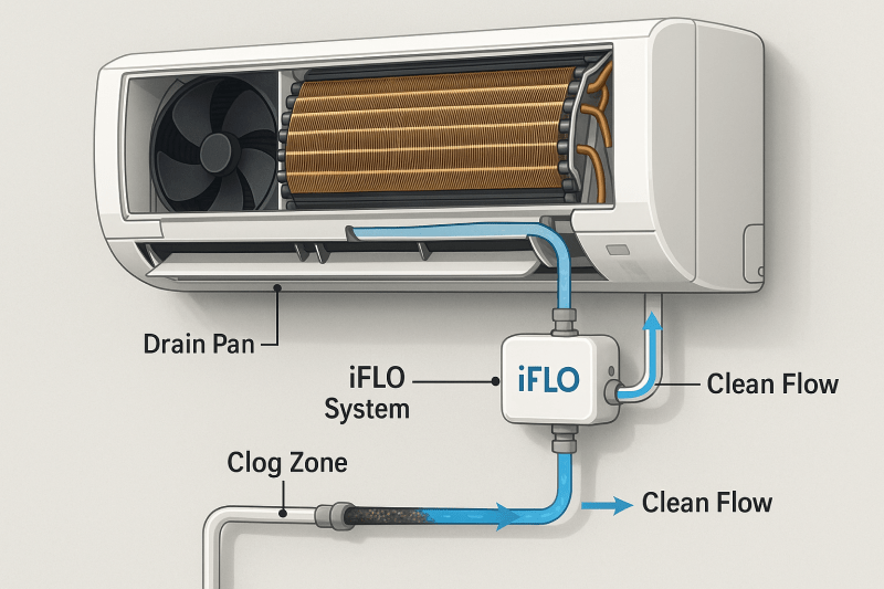 Cutaway diagram showing iFLO system installed on AC unit with arrows indicating automated cleaning solution flow through drain lines
