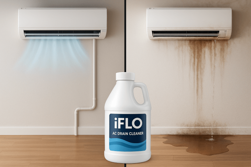 Split image showing a clean, properly functioning AC unit versus water damage from a clogged drain line, with iFLO system prominently displayed
